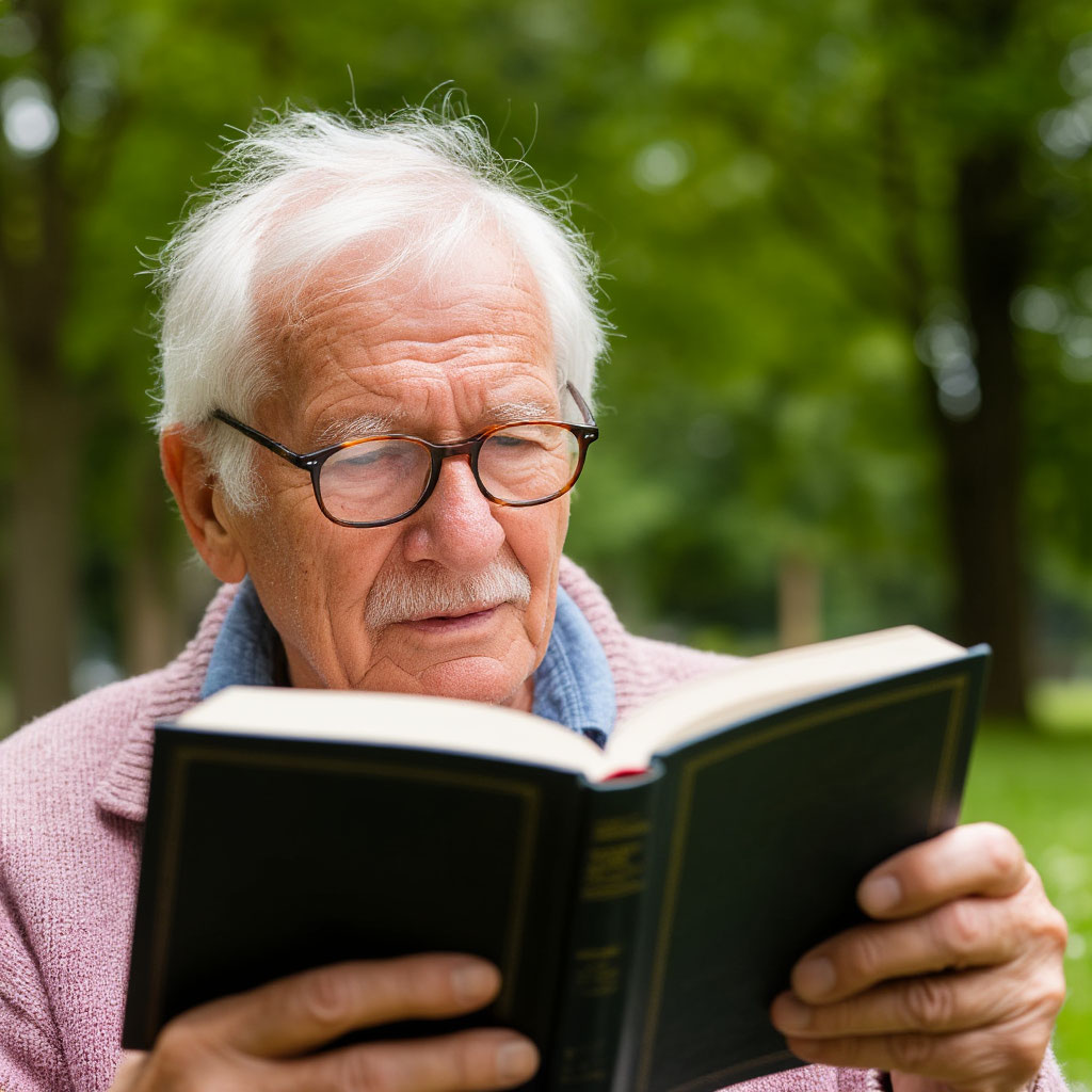 Senior person reading with glasses outdoors