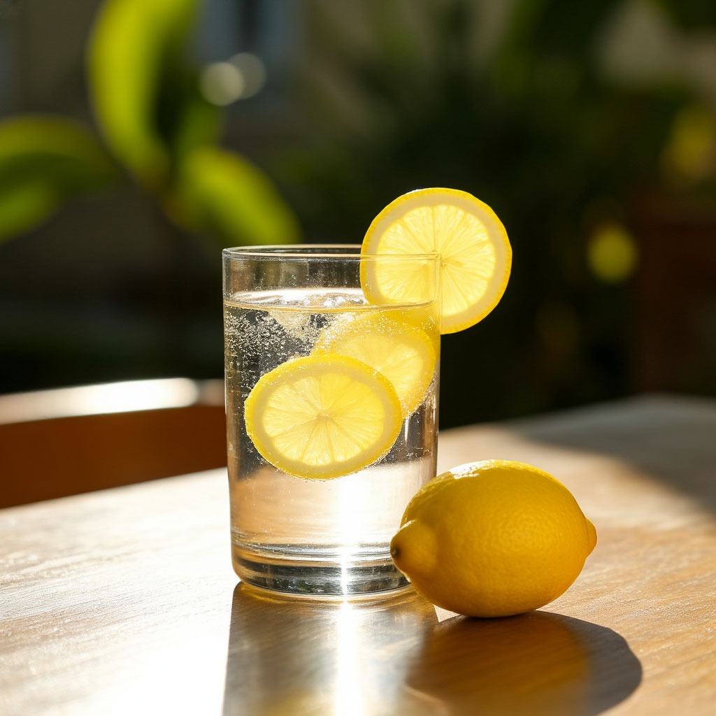 Glass of water with lemon on a sunny table