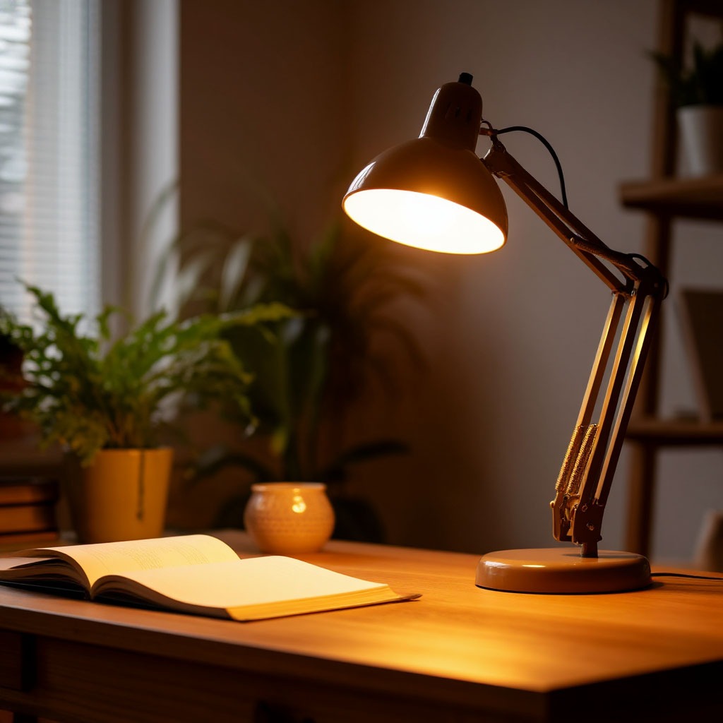 Warm reading lamp on a desk at home
