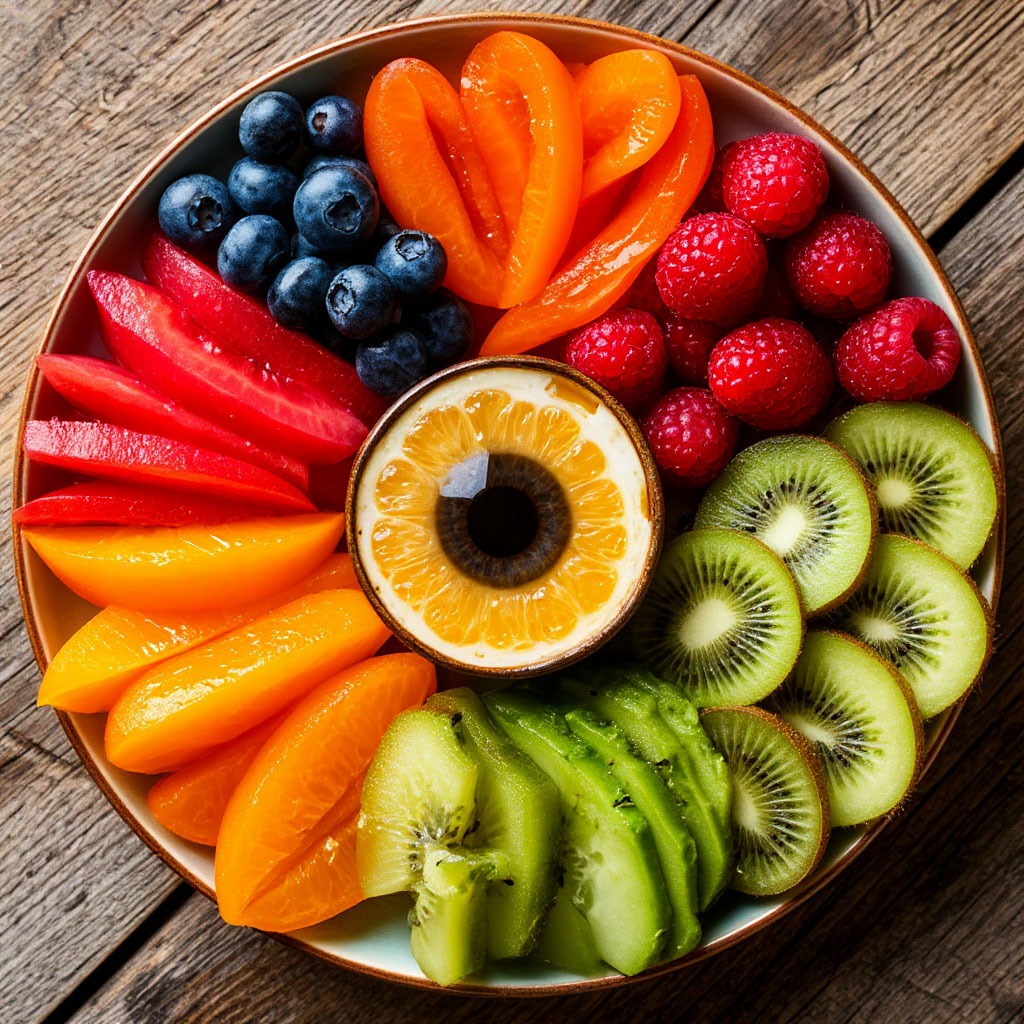 Colorful plate of eye-healthy foods