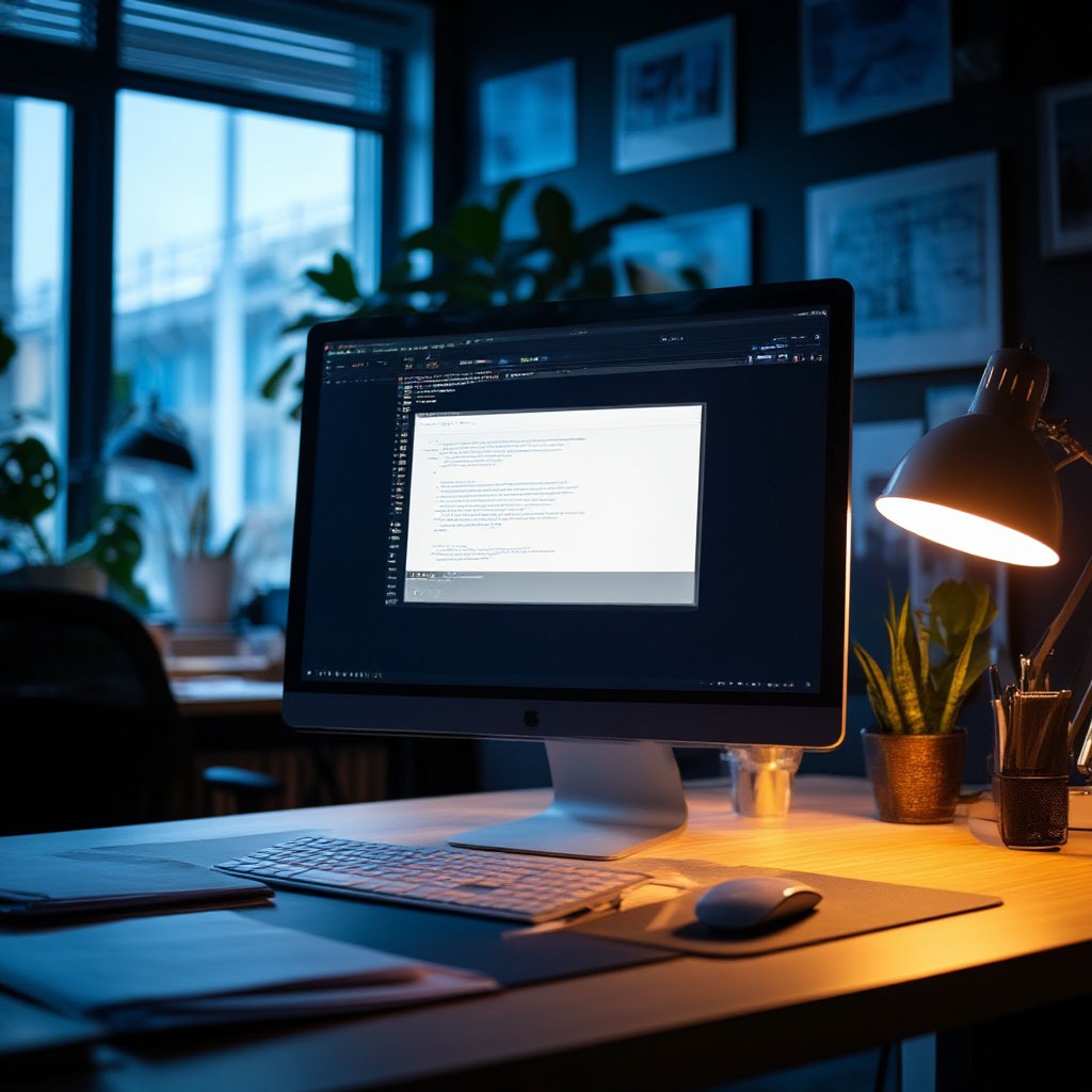 Computer screen glowing in dim office