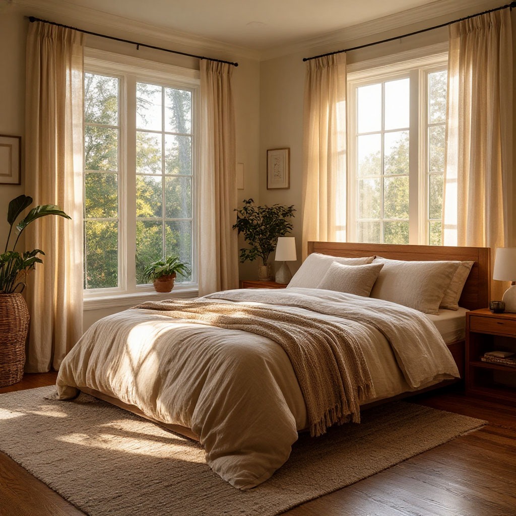 Peaceful bedroom with soft morning light