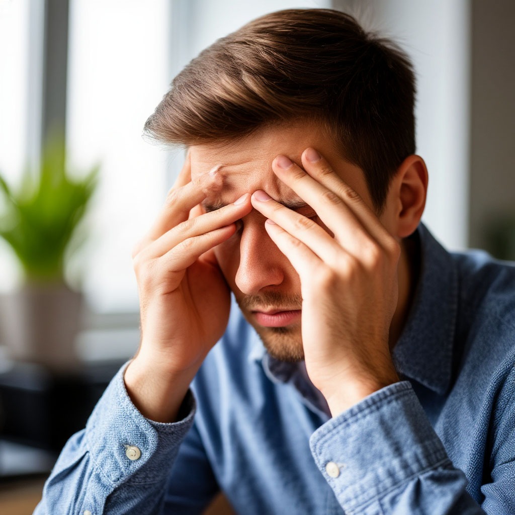 Person rubbing tired eyes after work