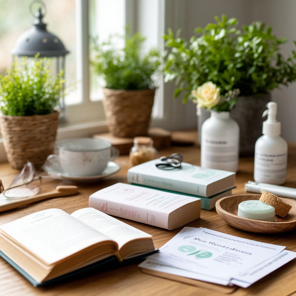 Collection of wellness articles on a desk