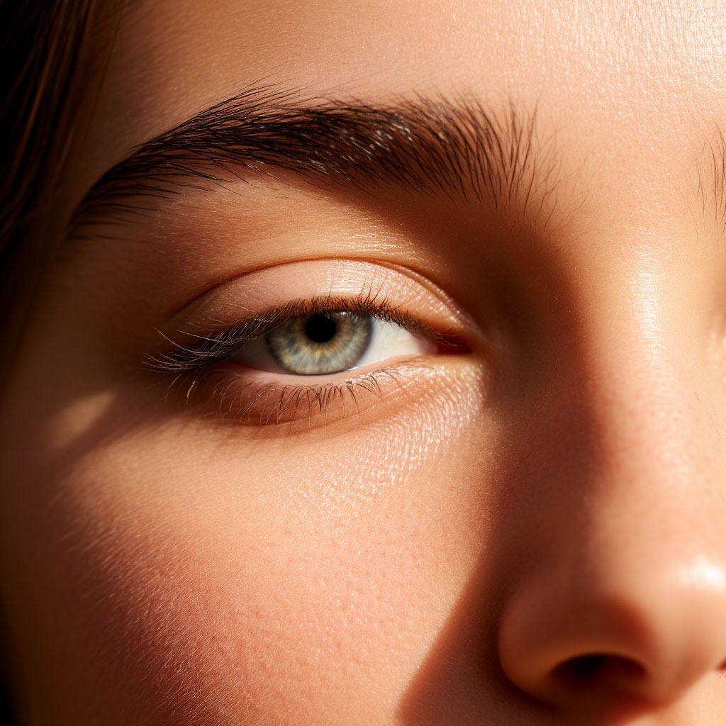 Close-up of relaxed eyes with soft lighting